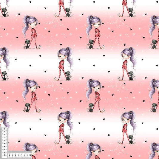 Jersey Stoff rosa mit Ladybug Mädchen und schwarzer Katze als Rapport – ideal für Baby- und Kinderkleidung – French Terry verfügbar