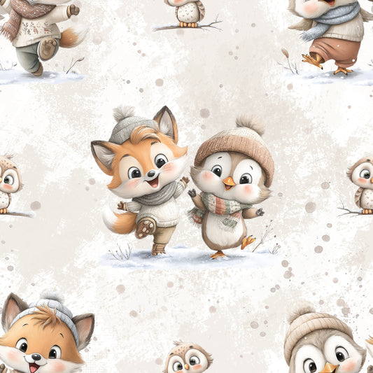 Kinderstoff 0,5m Rib Jersey Meterware "Fuchs, Pinguin & Eule"