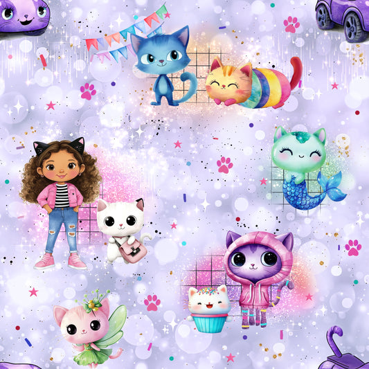 Kinderstoff 0,5m Jersey Meterware „Magisches Katzenhaus" Lavendel Bubbel