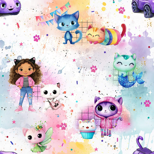 Kinderstoff 0,5m Rib Jersey Meterware „Regenbogen Katzenhaus"