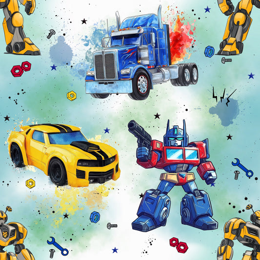 RobotCars" in grün | Auto Roboter Softshell Stoff Meterware | wasserabweisender Kinderstoff