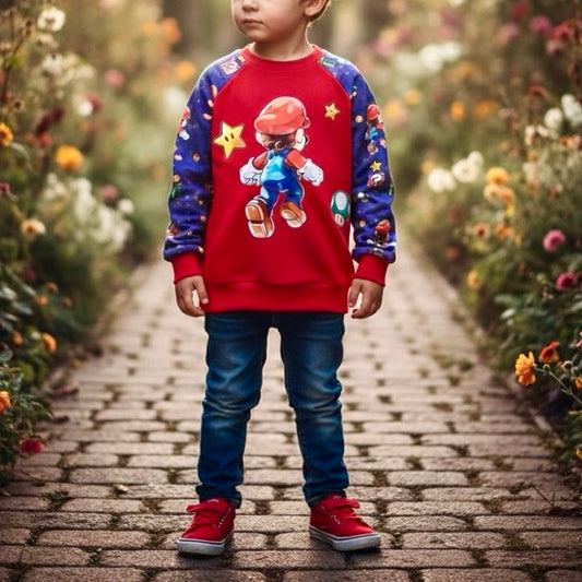Raglan Sweatshirt Super Boy Vorderansicht – Kinderpullover French Terry handgemacht
