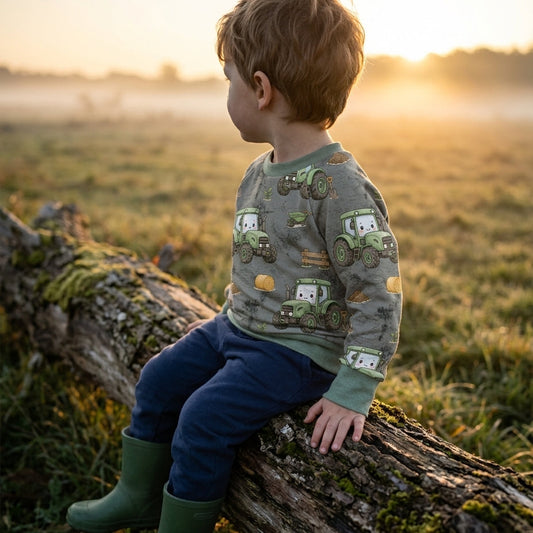 Traktor Kinderpullover „Traktor Toni“ grau – handgenäht