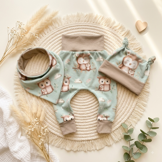 Pumphose Baby Eule mint handgenäht | French Terry Set personalisiert