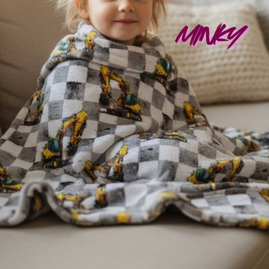 Bagger Fahrzeug Karo | Fahrzeug Stoff Meterware | Kinderstoff