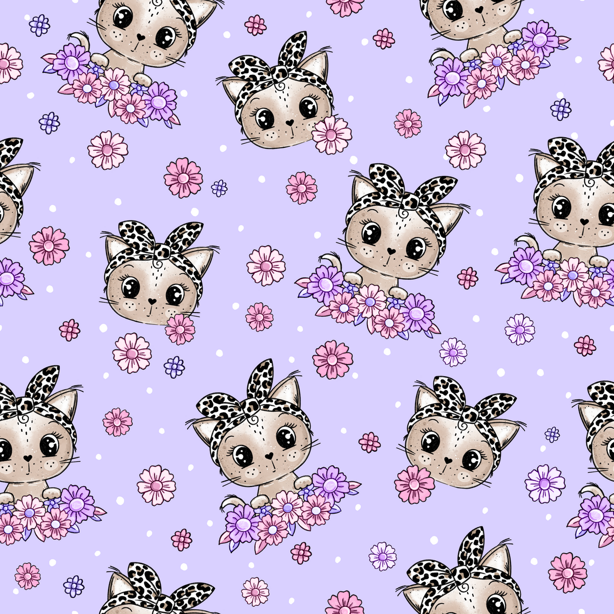 Leo-Katze Blütentraum Lila Stoff Meterware – Kinderstoff | Katzengold Design