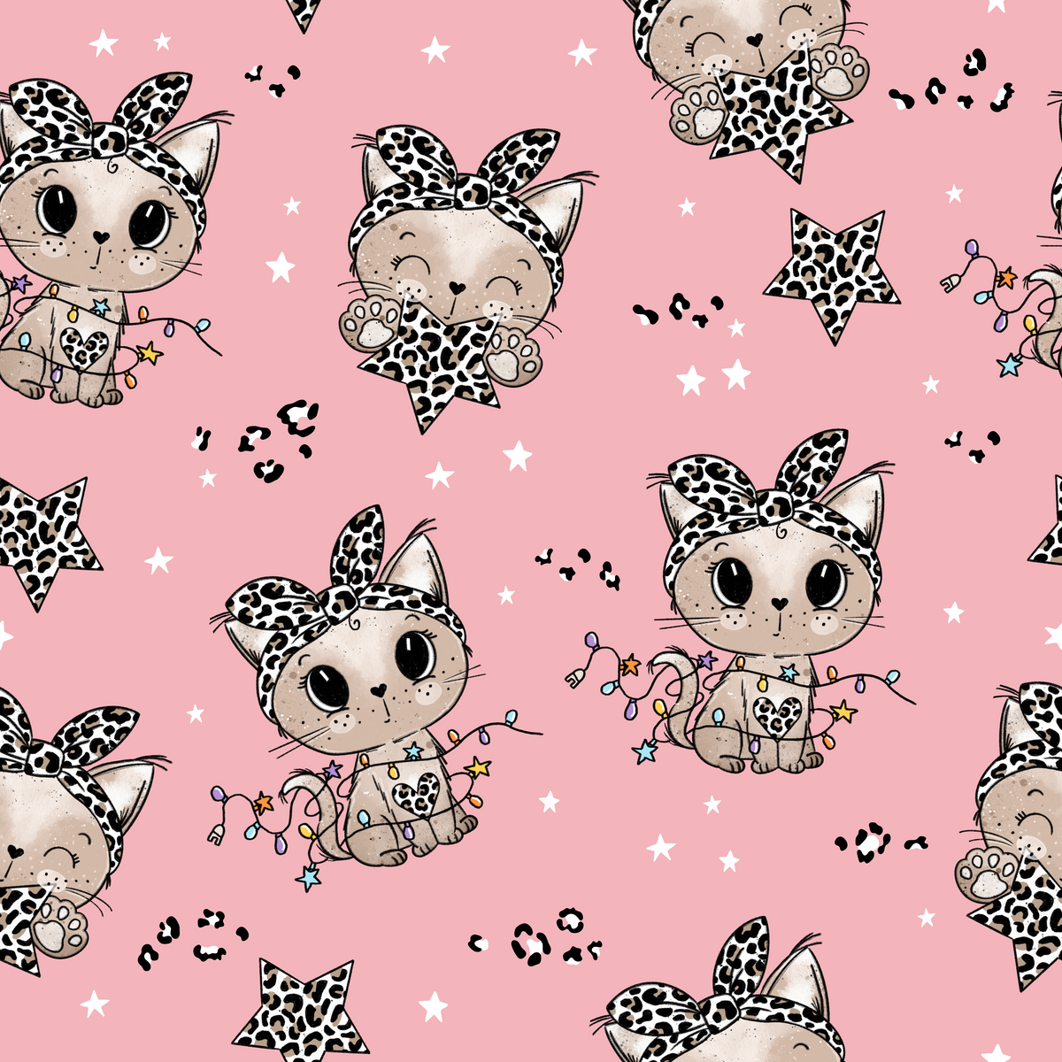 Leo-Katze Lichterkette Rosa Stoff Meterware – Kinderstoff | Katzengold Design