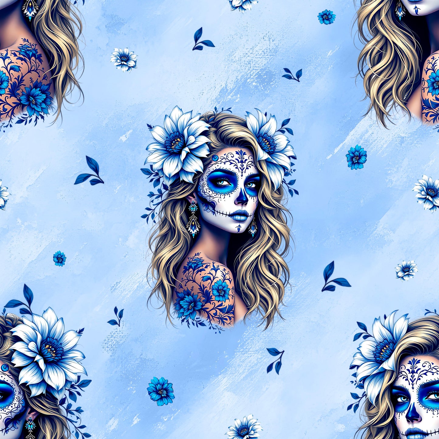 La Catrina Stoffdesign in Blau – florales Muster auf Bio Jersey oder French Terry