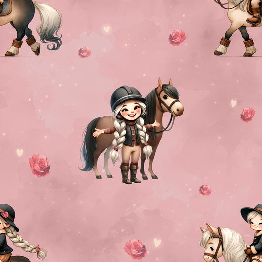 Stoffe Meterware "Mädchen mit Pferd" in altrosa - Jersey oder French Terry