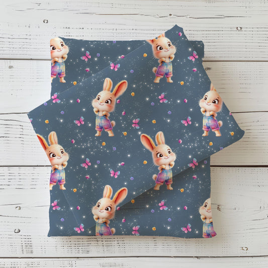 Verspielter Jersey oder French Terry Stoff mit Osterhase und floralen Details auf blauem Hintergrund, perfekt für kreative Nähprojekte
