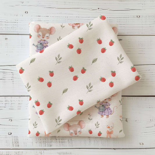 Kinderstoff Landliebe Mäuschen Kombistoff mit Himbeeren und Blättern, Kombistoff Jersey French Terry und Rib Jersey für Baby und Kinderkleidung Meterware