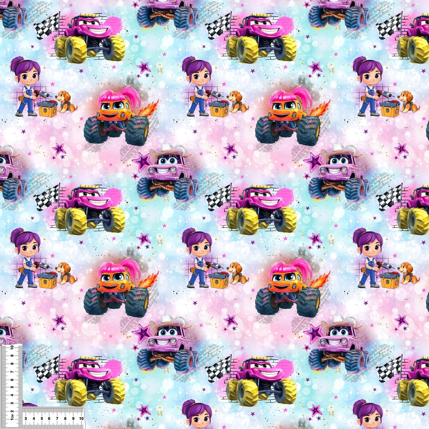 Monster Truck rosa French Terry Meterware – Kinderstoff Fahrzeug Mädchen Motiv