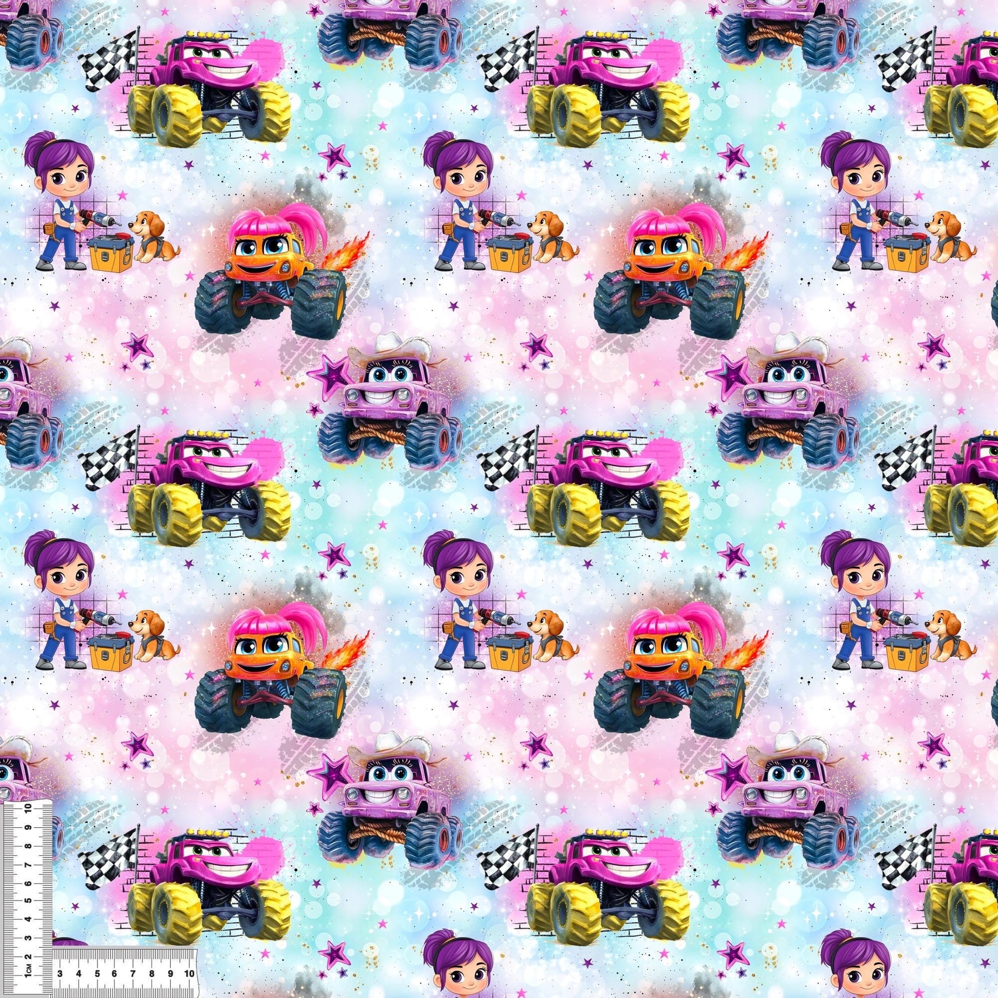 Monster Truck rosa French Terry Meterware – Kinderstoff Fahrzeug Mädchen Motiv