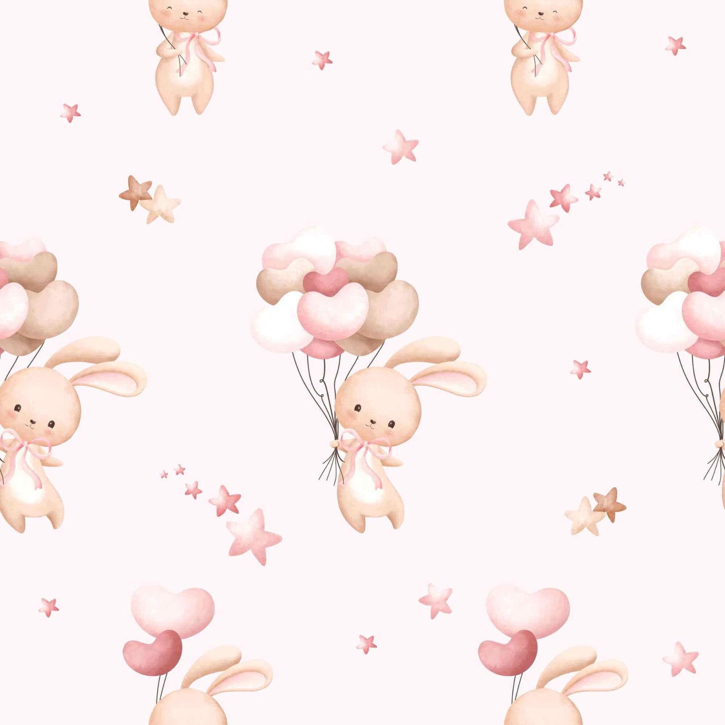 Detailaufnahme vom Verspielter Jersey oder French Terry Stoff mit Hase, Ballons und kleinen Sternen auf hell rosa Hintergrund, perfekt für kreative Nähprojekte