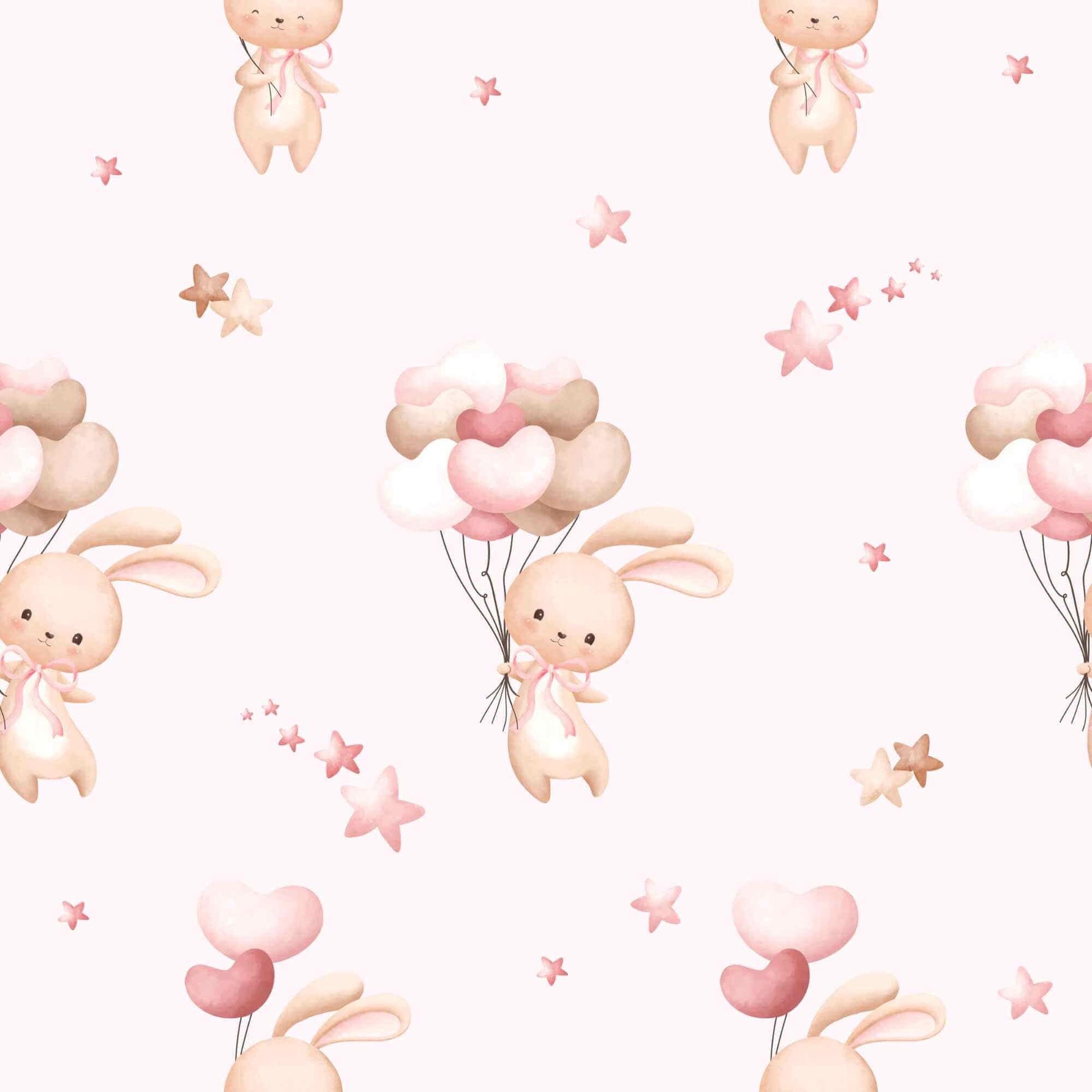 Detailaufnahme vom Verspielter Jersey oder French Terry Stoff mit Hase, Ballons und kleinen Sternen auf hell rosa Hintergrund, perfekt für kreative Nähprojekte