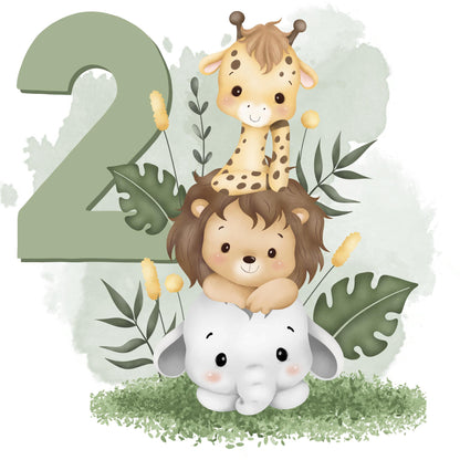 Safari 2 Jahre DTF Transfer Bügelbild – personalisiert Kindergeburtstag Tiere