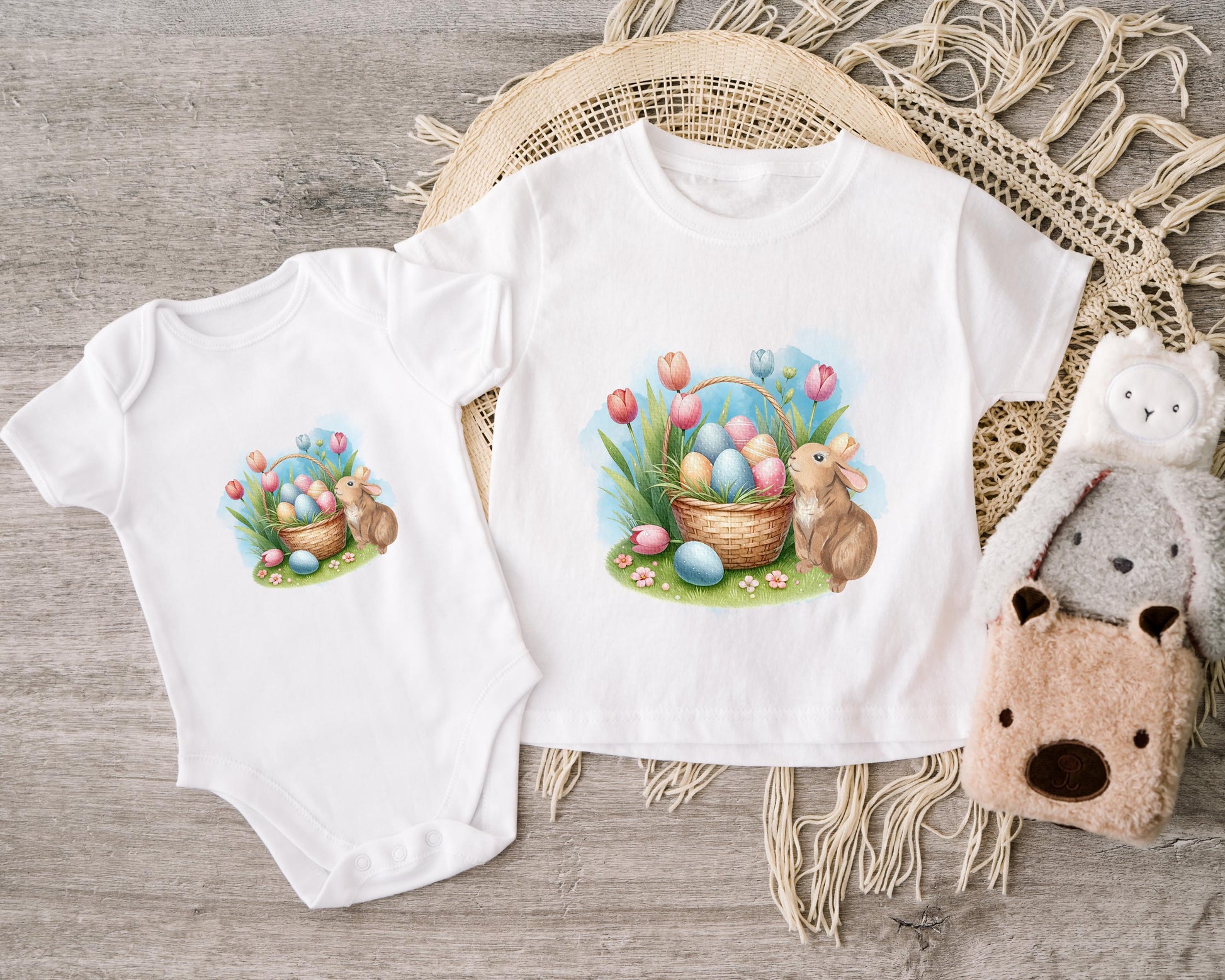 Hasen Korb Bügelbild 15cm – DTF Transfer Oster Applikation Kindershirt