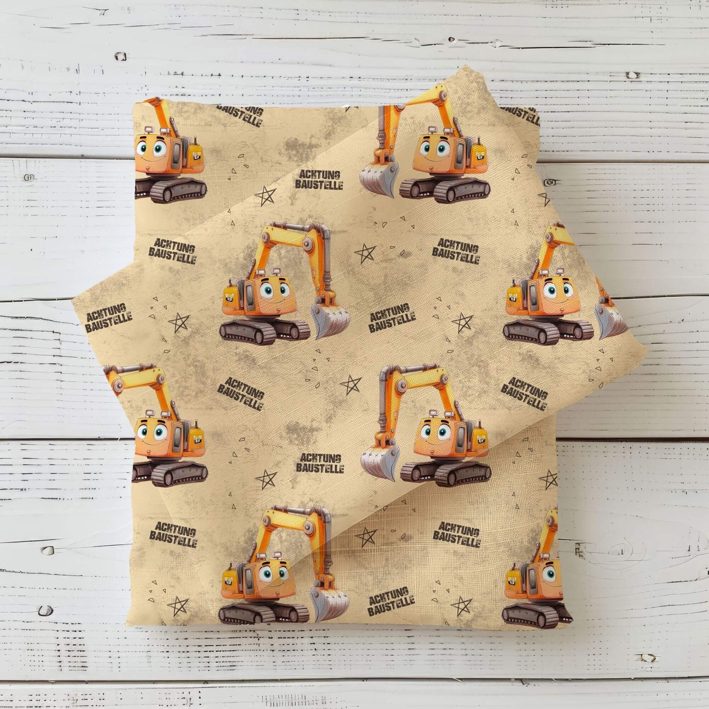 Achtung Baustelle Bagger Kinderstoff Rib Jersey – Stoff Meterware Fahrzeug Jungen