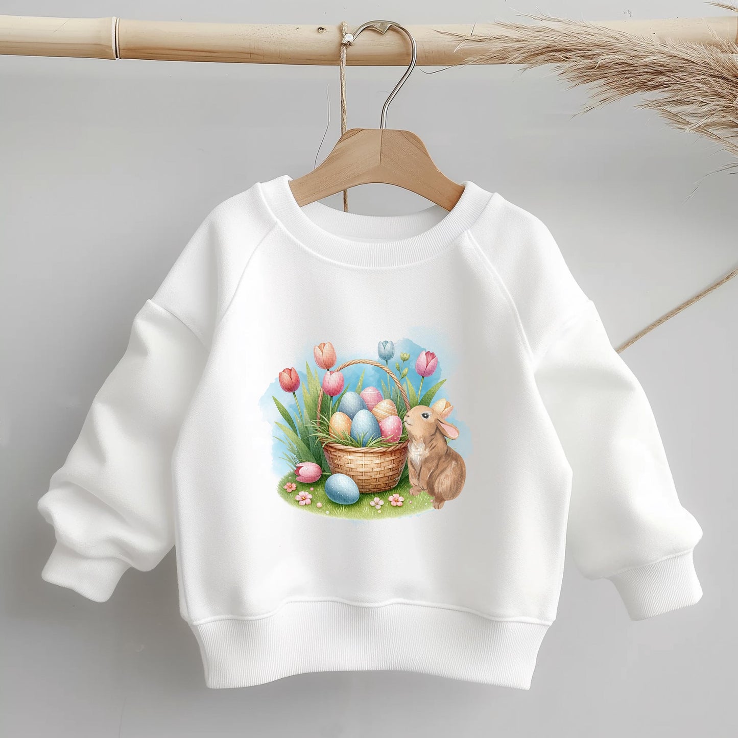 Hasen und Korb Bügelbild Oster – DTF Transfer Kinderkleidung Handmade by Kati