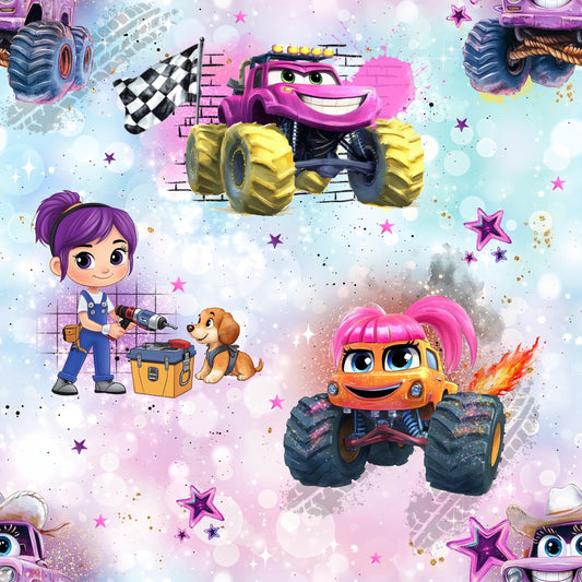 Monster Truck in rosa | Fahrzeugs Stoff Meterware | Rib Jersey Kinderstoff
