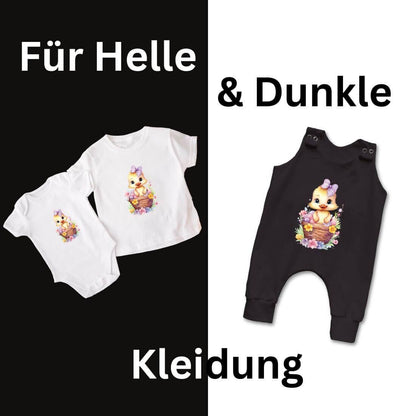 Oster Küken DTF Transfer Anwendungsbeispiel – Glitzer Bügelbild Kindermode