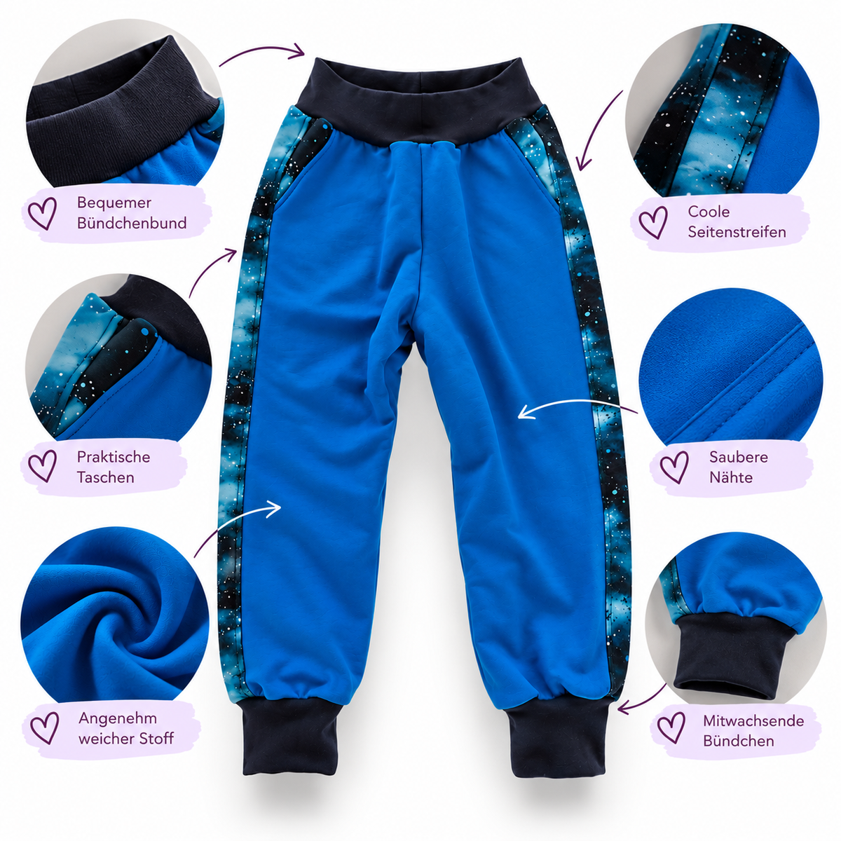 Jogginghose Kinder handgenäht | Royalblau mit Sternenhimmel-Seitenstreifen