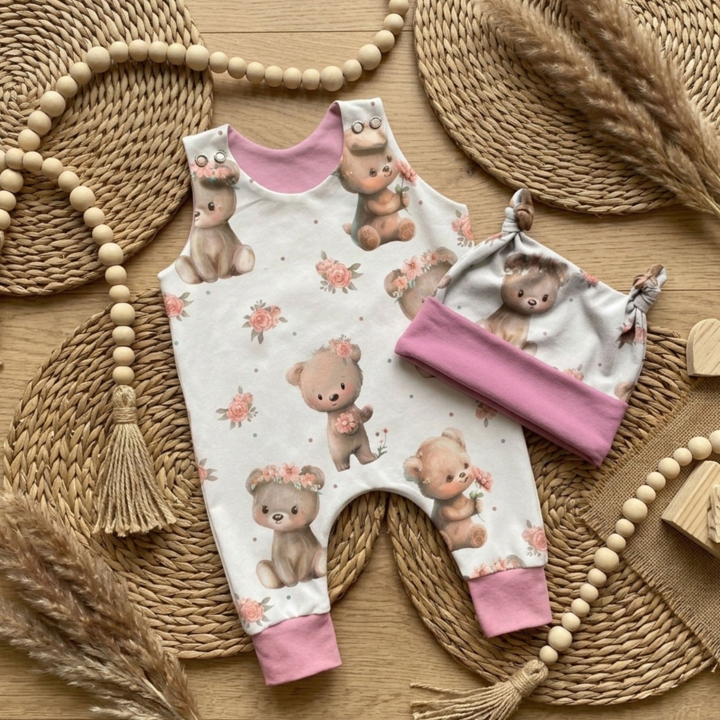 Baby Strampler Kleine Bären Set rosa | handgenäht | Gr. 56–80