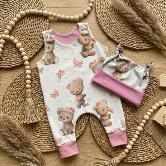 Baby Strampler Kleine Bären Set rosa | handgenäht | Gr. 56–80