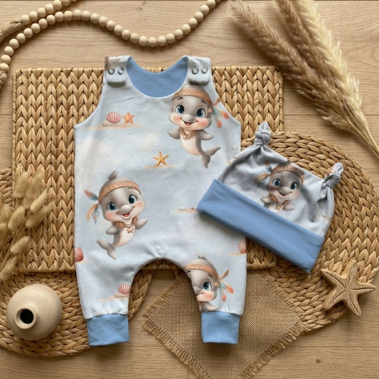 Baby Strampler Delphine Set blau | handgenäht | Gr. 56–80