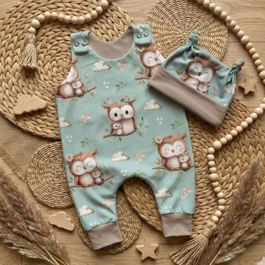 Baby Strampler Eule Set mint | handgenäht | Gr. 56–80