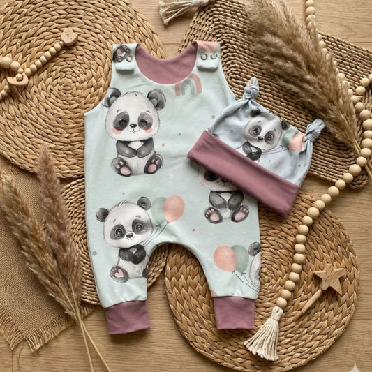 Baby Strampler Panda Set altrosa | handgenäht | Gr. 56–80