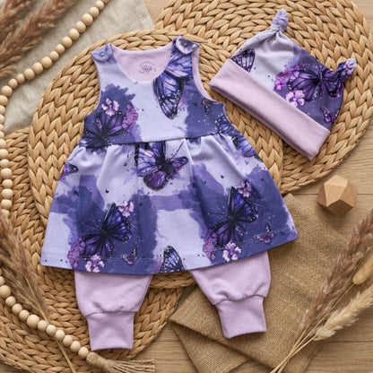 Baby Strampler-Kleid Fliederflug Set | handgenäht | Gr. 56–80