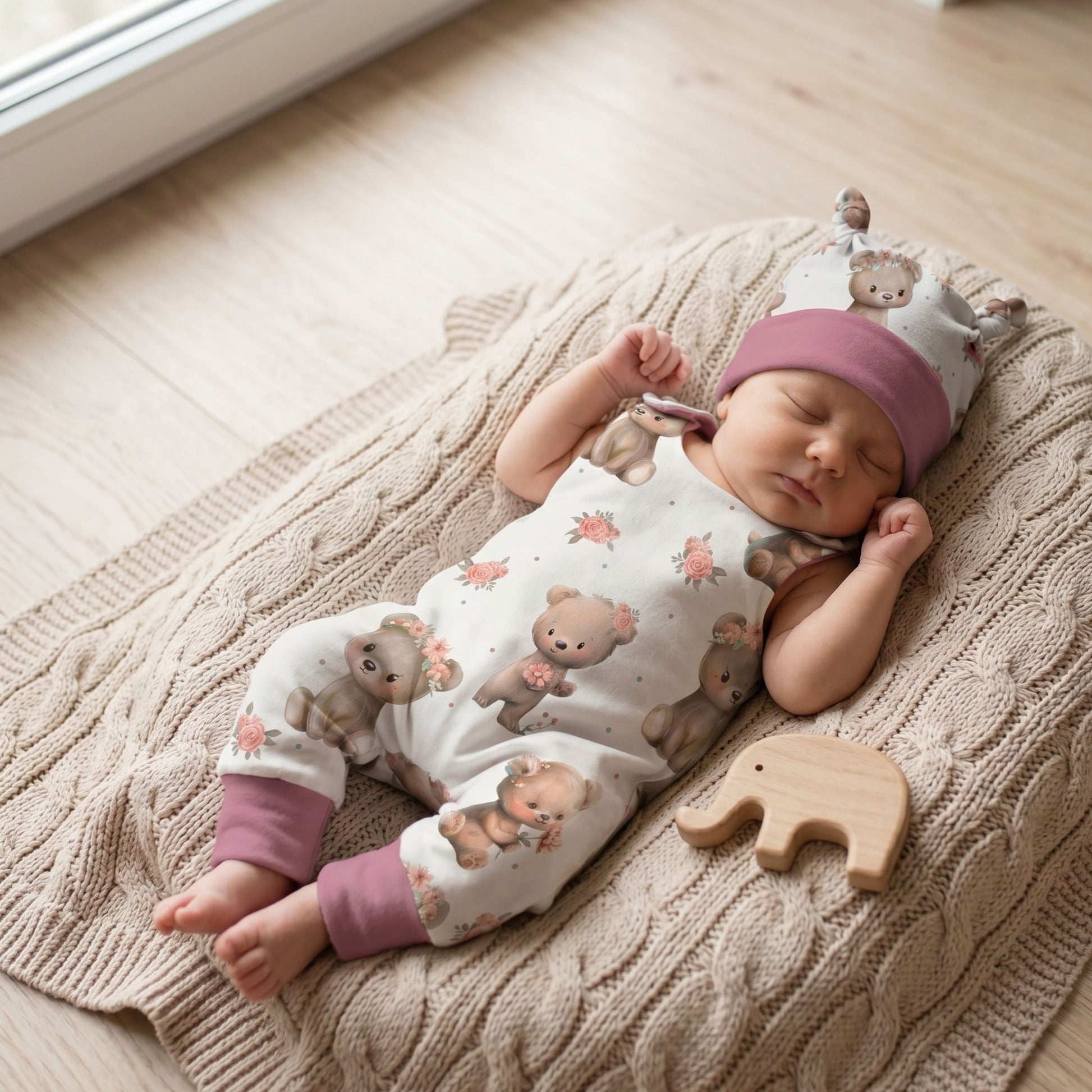 Baby Strampler Kleine Bären Set rosa handgenäht · Gr. 56–80 · Handmade by Kati