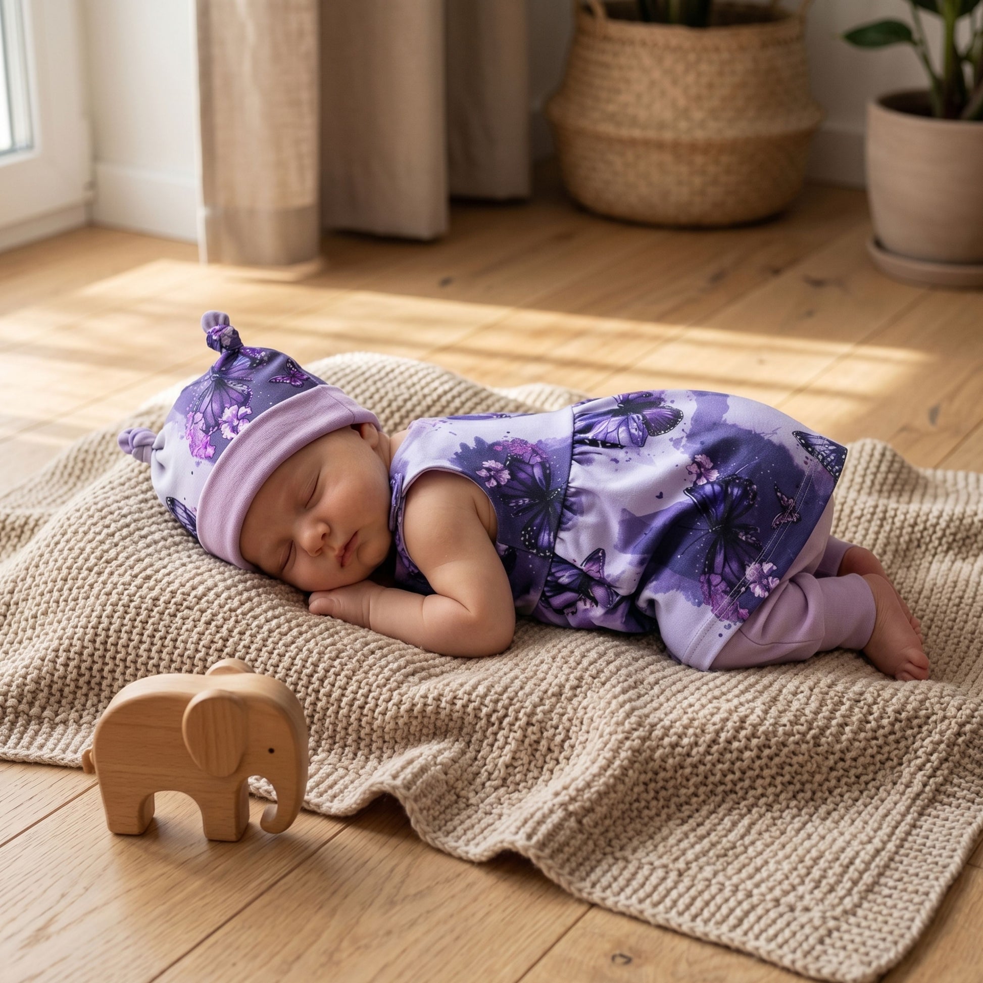 Baby Strampler-Kleid Fliederflug Set handgenäht · Gr. 56–80 · Handmade by Kati