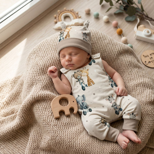 Baby Strampler Kleine Abenteurer Set beige handgenäht · Gr. 56–80 · Handmade by Kati