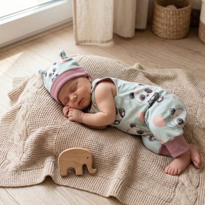 Baby Strampler Panda Set altrosa handgenäht · Gr. 56–80 · Handmade by Kati