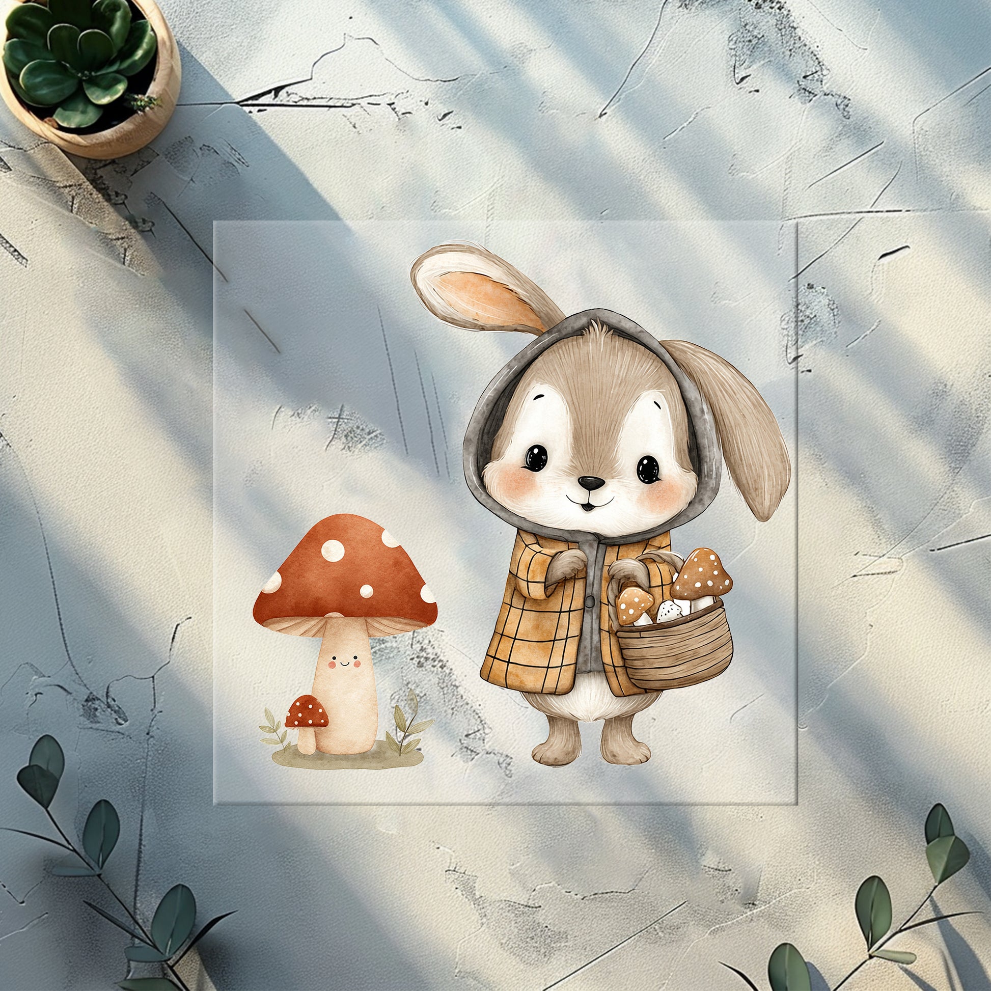 Pilzsammler Hase Bügelbild 10cm – DTF Transfer Waldtier aufbügeln Kindershirt