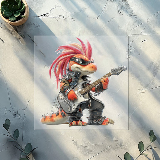 Dino Kinder Bügelbild „Heavy Dino“ Gitarre | DTF Transfer für Kleidung & Accessoires