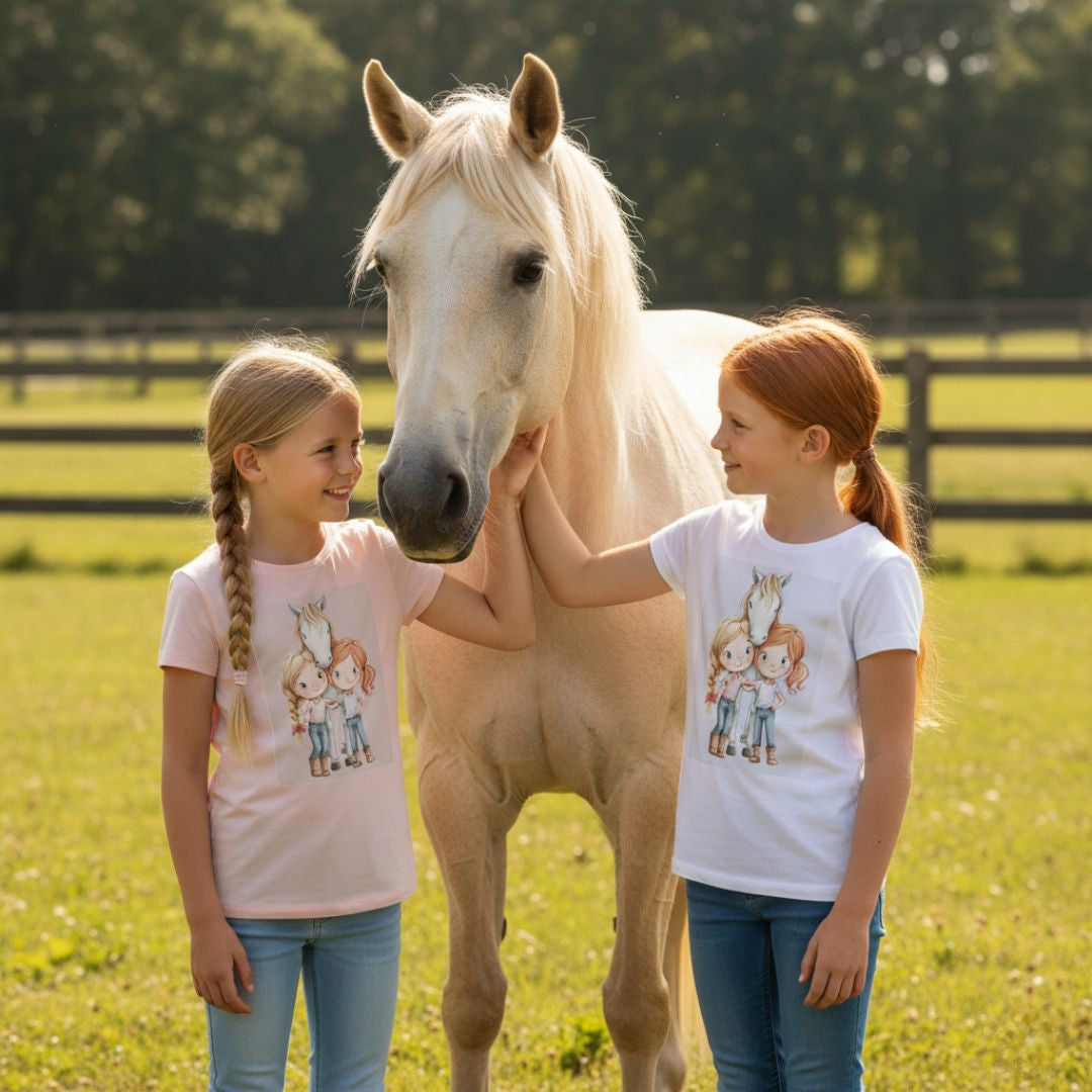 Pferde Mädchen Bügelbild „Beste Freundinnen & Pferd“ | DTF Transfer für Kleidung & Accessoires