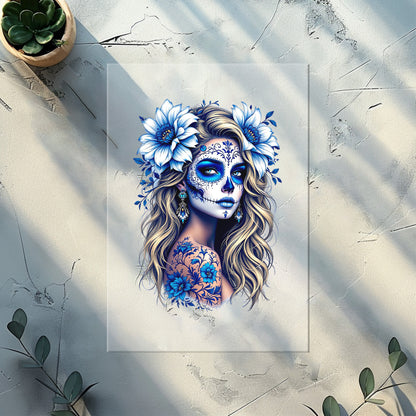 La Catrina blau weiß Bügelbild DTF Transfer – Totenkopf Kinderkleidung Handmade by Kati