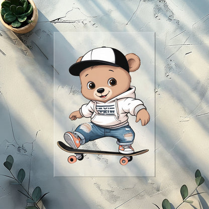 Skater Bär Bügelbild DTF Transfer – Bär mit Cap Skateboard Kinderkleidung Handmade by Kati