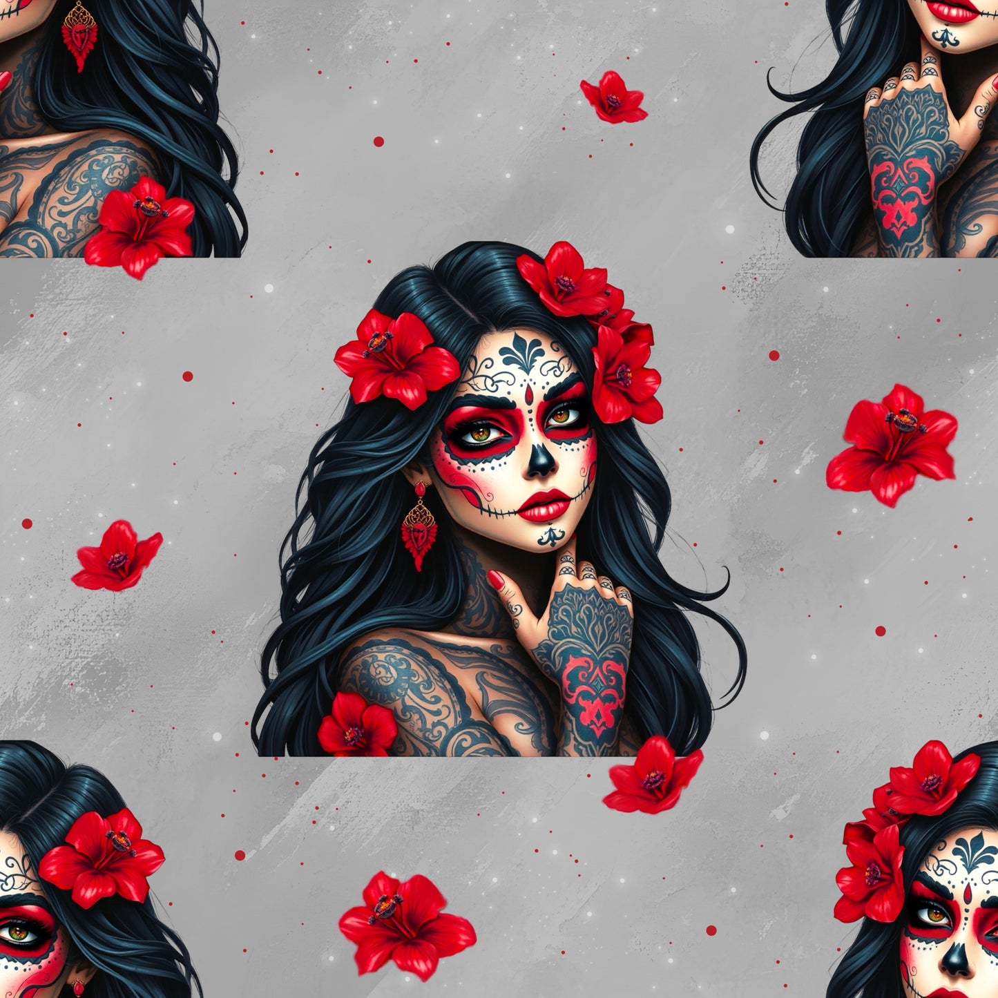La Catrina Red Grey Kinderstoff Meterware – Totenkopf grau rot Jersey Handmade by Kati