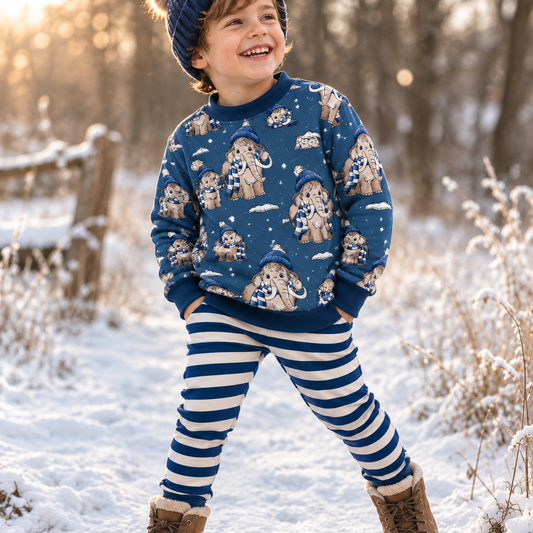 Kinderpullover „MammutBande“ blau – handgenäht aus Baumwolle