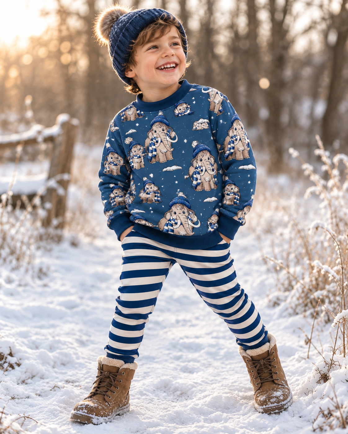Mammutbande Blau Katzengold Design | Winter Kinderstoff mit Kombi