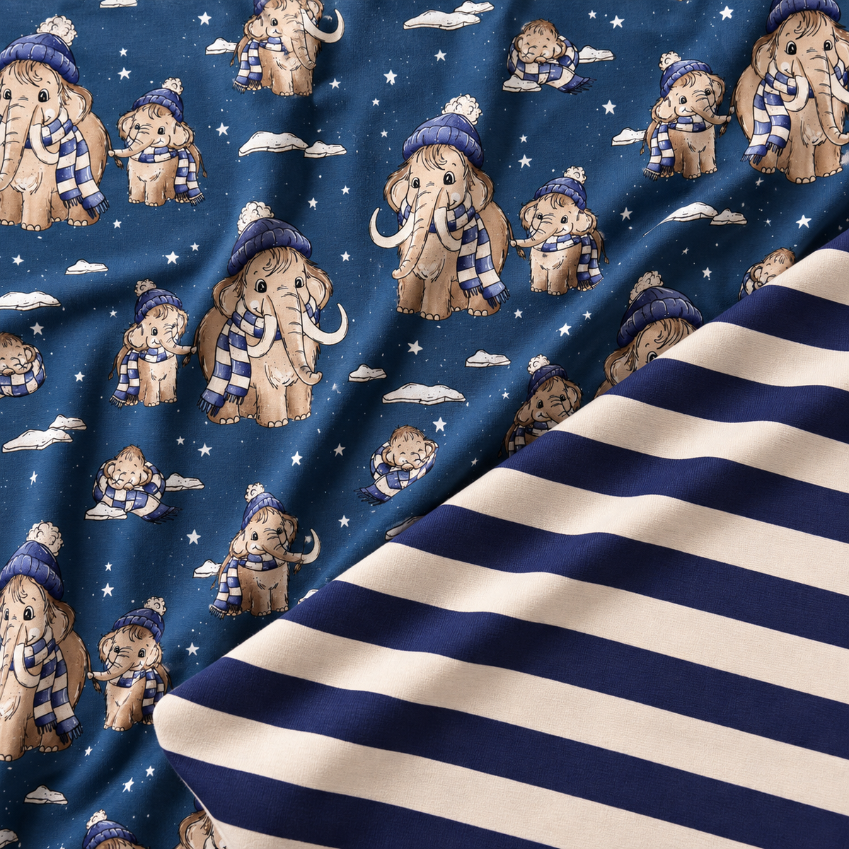 Mammutbande Blau Katzengold Design | Winter Kinderstoff mit Kombi