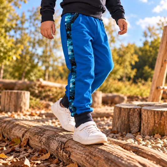 Jogginghose Kinder handgenäht | Royalblau mit Sternenhimmel-Seitenstreifen