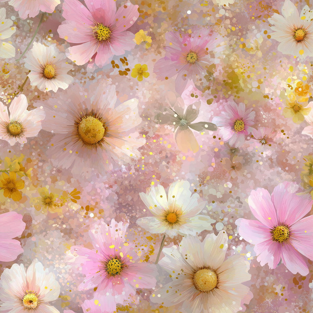 Jersey Stoff Goldblüte mit rosa und cremefarbenen Cosmea-Blüten und goldenen Sprenkeln auf zartrosa Hintergrund