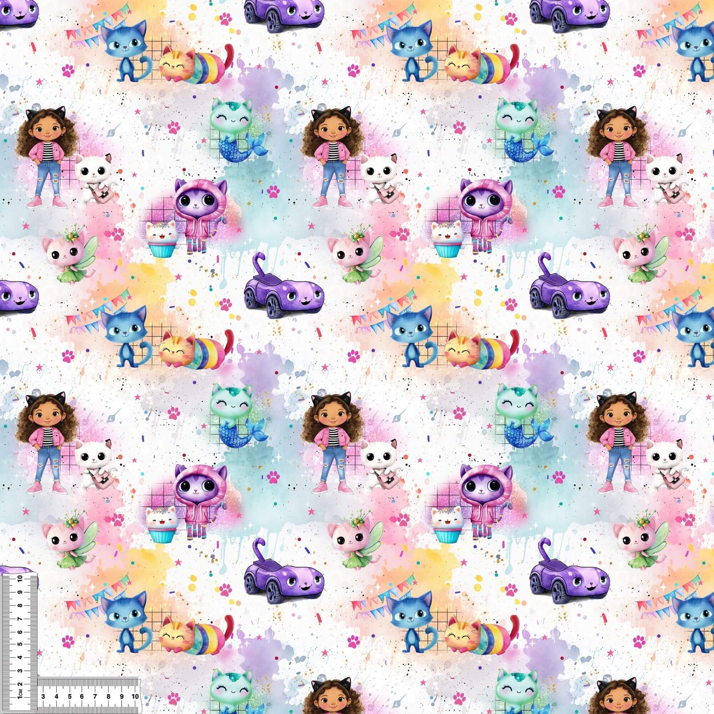 Regenbogen Katzenhaus Stoff Detailaufnahme – Kinderstoff Katze Jersey Meterware