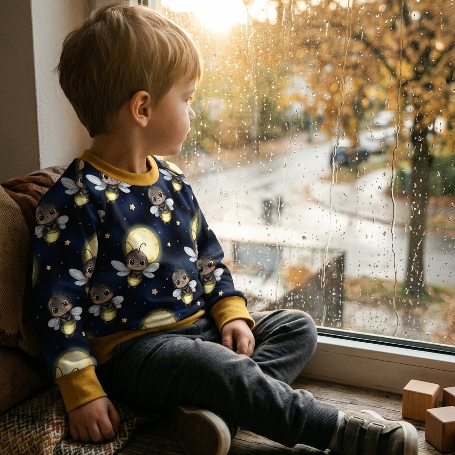 Kinderpullover „kleiner Leuchtkäfer" – French Terry, handmade