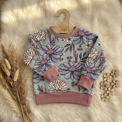 Kinderpullover „WiesenHerbst“ blau – handgenäht aus Baumwolle